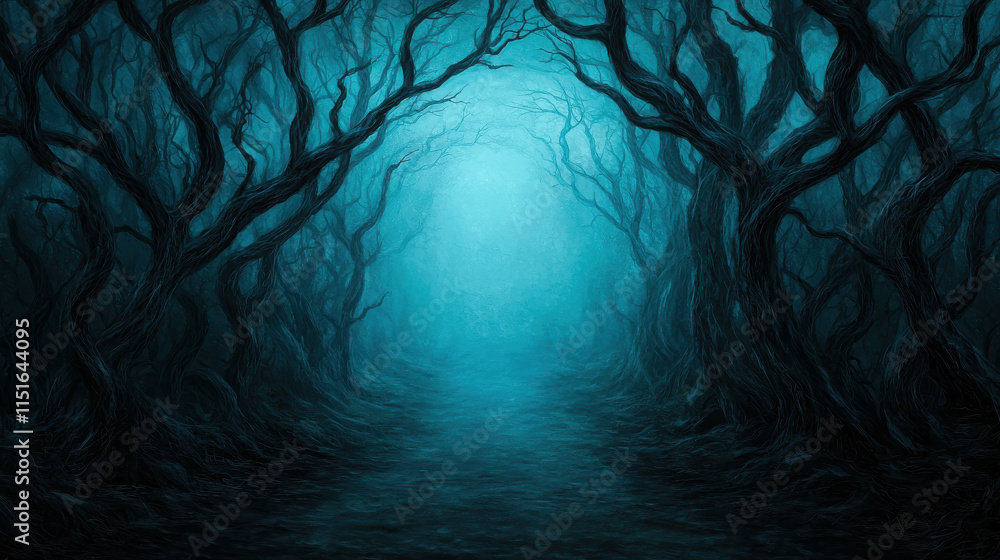 Poster mysterious path through dense foggy forest illuminated by ethereal light