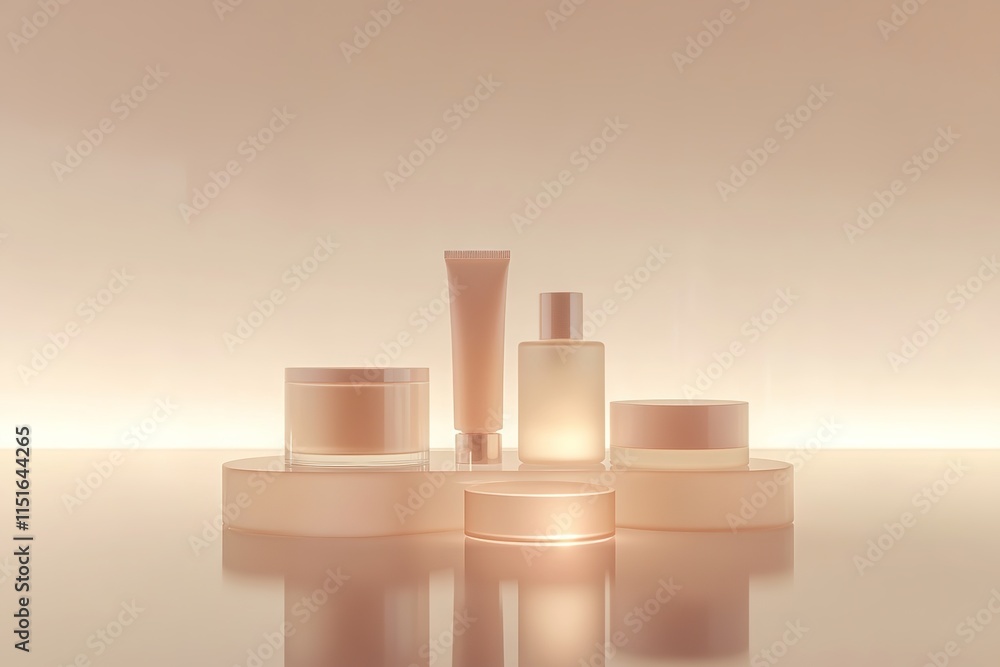 Poster glowing minimalist representation of skincare concepts dynamically arranged above reflective matte s