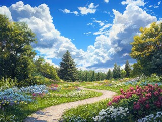 Obraz premium Vibrant flower meadow panorama with a wooden bridge rolling hillside summer landscape natural light
