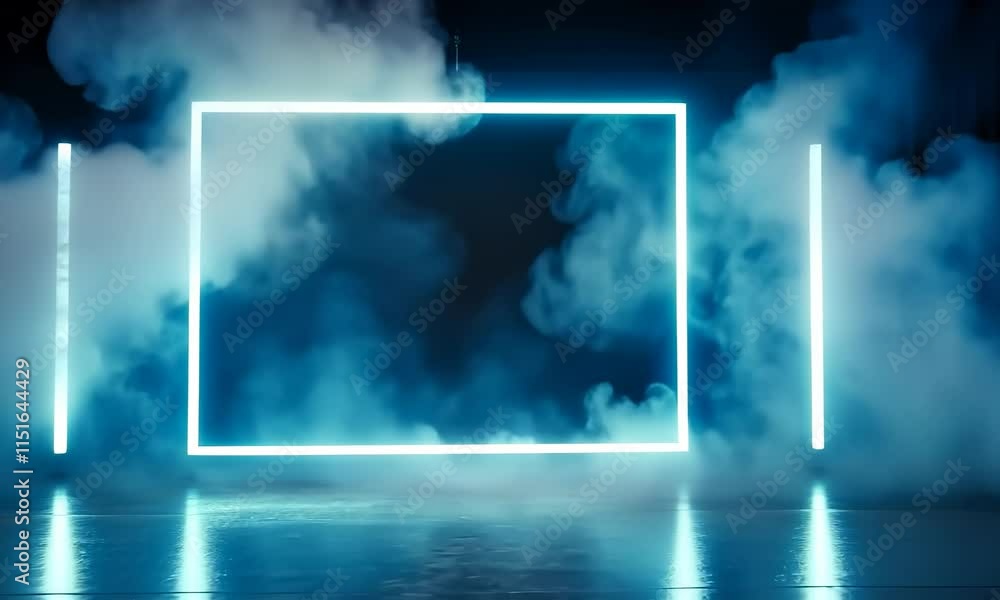 Poster a futuristic scene featuring a glowing rectangular frame surrounded by mist and smoke.