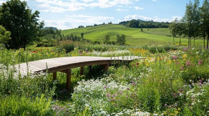 Summer flower meadow panorama with wooden bridge rolling hills vibrant natural lighting scenic landscape view