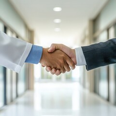Formal business handshake in medical setting hospital environment professional attire soft lighting collaboration concept
