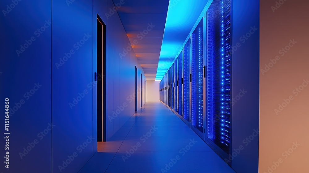 Poster modern data center corridor with glowing blue server racks extending into distance