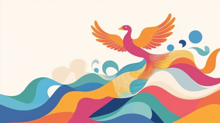 Colorful phoenix rising above vibrant waves in a whimsical design.
