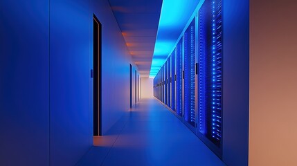 modern data center corridor with glowing blue server racks extending into distance