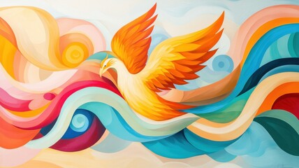Colorful abstract painting of a bird soaring through vibrant waves.