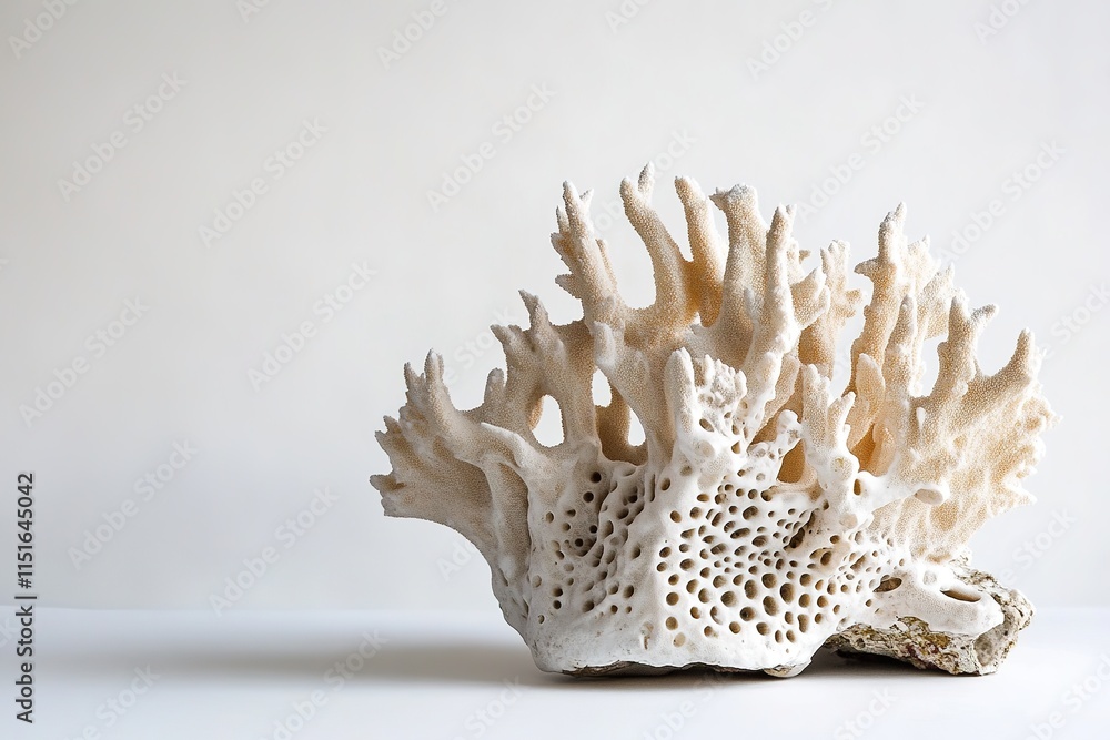 Poster piece of coral displayed on white background showcasing intricate details positioned to right with p