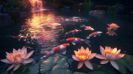 Koi Pond Serenity: Sunset over a Japanese Garden
