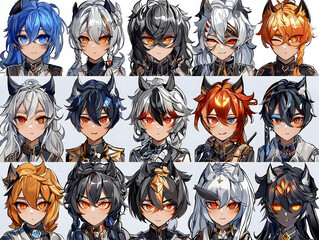 Diverse collection of fantasy characters with various hairstyles and expressions set against a neutral backdrop