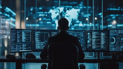 A Hacker Sitting in Front of Multiple Computer Monitors with Code and a World Map in the Background