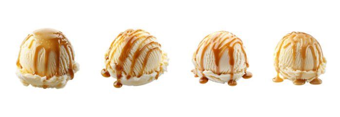 Creamy Vanilla Ice Cream Scoop Drizzled with Golden Caramel Sauce Set 