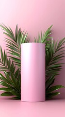 Fototapeta premium A pink cylinder with green leaves on a pink background