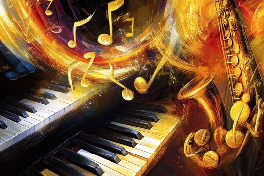 vibrant abstract representation of jazz music with saxophones piano keys and swirling golden notes