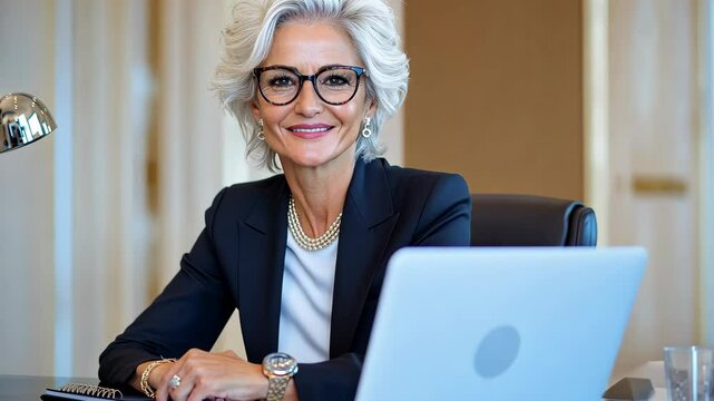 Busy 50 years old business woman working in office lawyer working on her laptop with scales of justice in the background, symbolizing law, justice, and legal work