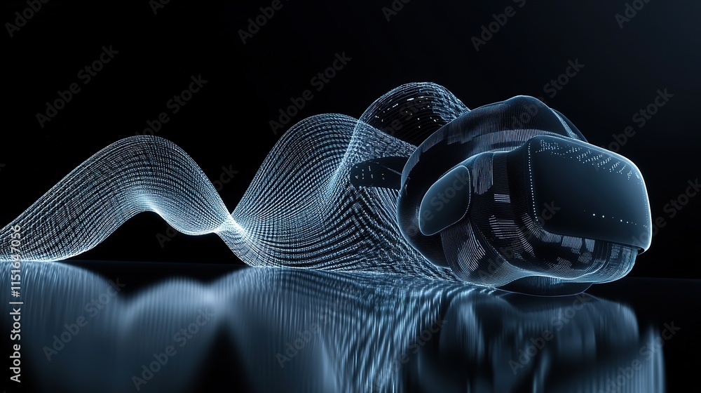 Poster abstract wave of digital patterns forming vr headset displayed on seamless reflective black surface