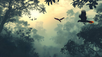 Fototapeta premium Misty Tropical Jungle Landscape with Birds in Flight
