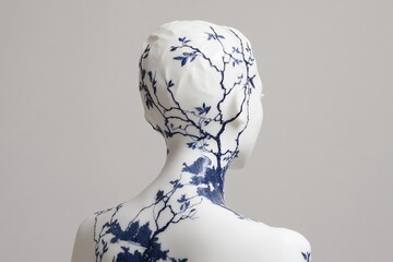 A stylized mannequin with intricate botanical patterns.