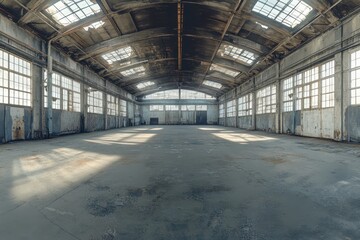 Obraz premium Vast, empty industrial warehouse with high ceilings and large windows. Perfect for showcasing scale, decay, or urban exploration themes.