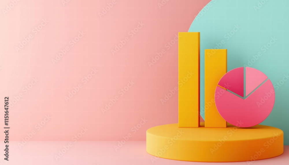 Aufkleber a colorful 3d representation of data, featuring bar and pie charts on a pastel background, ideal for