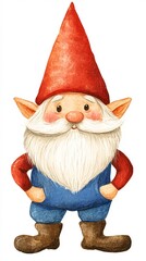 A watercolor illustration of a garden gnome with a red pointed hat, a white beard, rosy cheeks, and blue overalls, standing confidently with hands on hips