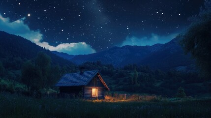 A cozy wooden hut glowing under a star-filled night sky, surrounded by a tranquil natural landscape