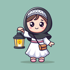 Cute Girl Moslem Holding Lantern Holding Book Cartoon Vector Icon Illustration. People Religion Icon Concept Isolated Premium Vector. Flat Cartoon Style