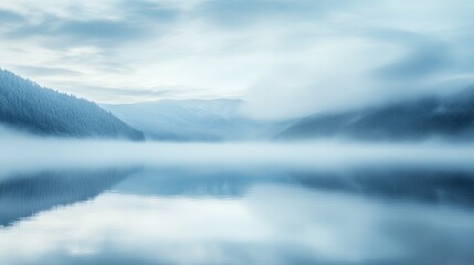 Obraz premium A tranquil misty morning envelops a serene lake, mirroring the gentle fog and majestic mountains in the early dawn light, creating a picturesque natural landscape
