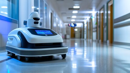 Robotic Cleaner in Hospital Hallway for Sterilization and Hygiene