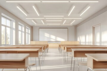 Modern, bright classroom with wooden desks. Ideal for education, learning, and back-to-school themes.