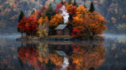 Obraz premium Secluded Log Cabin on a Misty Autumn Lake