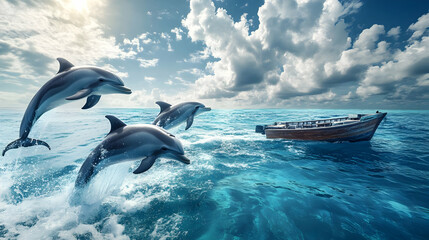 Fototapeta premium Three Dolphins Leap from the Ocean Waves near a Boat