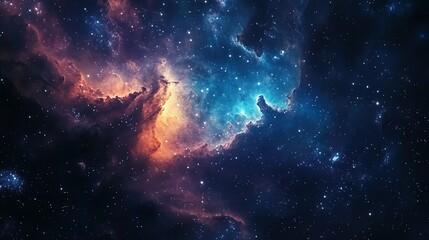 Fototapeta premium Cosmic nebula in vibrant hues of orange, blue, and purple.