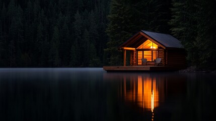 Fototapeta premium Cozy cabin by a serene lake at dusk.