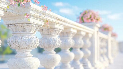 Elegant White Balustrade with Pink Flowers Garden Decor Spring Romance