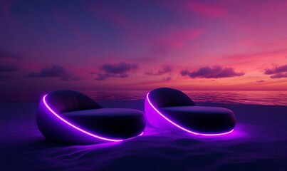 Futuristic lounge chairs on a beach at sunset.