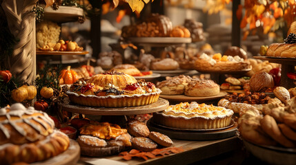 Obraz premium A mouthwatering array of autumn-themed pastries and baked goods. A delectable selection of pies, tarts, cakes, and breads, perfect for Thanksgiving.