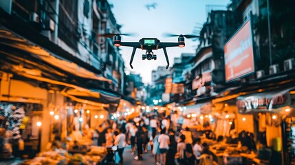 Fototapeta premium Smart Drone Capturing Real-Time Analytics Over Bustling Market Scene