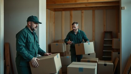 Two professional movers carefully carry cardboard boxes in an empty room, showcasing teamwork, reliability, and efficiency in moving services. Ideal for logistics and relocation themes