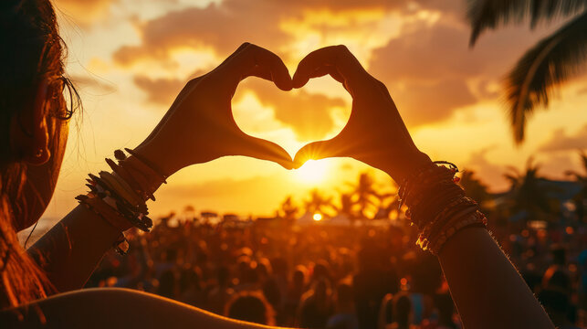 Hands forming heart shape against sunset at beach festival