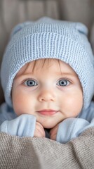 A baby with blue eyes wearing a blue hat