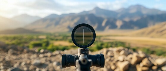 Scope aimed at a scenic mountain landscape.