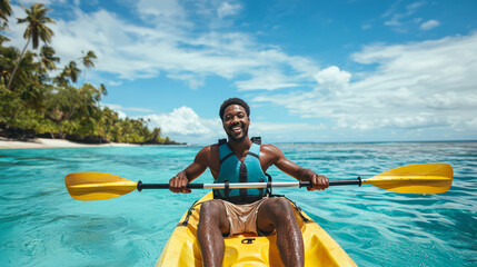 Smiling man kayaking on a tropical sea under a sunny blue sky