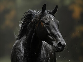 Fototapeta premium Majestic black horse standing in a misty field, exuding strength and elegance with a dramatic, atmospheric composition.