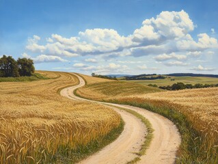 Naklejka premium Winding road journey through golden wheat fields on a sunny day countryside adventure scenic landscape inviting atmosphere