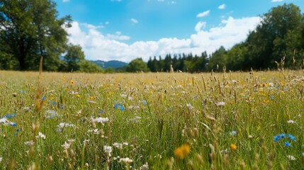 Obraz premium Golden wheat field with wildflowers on a sunny day nature landscape vibrant atmosphere scenic view beauty in diversity