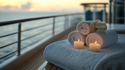 Obraz na płótnie Canvas Rolled towels, candles, orchid on ship deck at sunset. Perfect for luxury travel, spa, or relaxation themes.