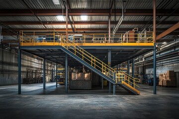 Naklejka premium Industrial warehouse with mezzanine floor and staircase. Perfect for illustrating manufacturing, logistics, or industrial concepts.