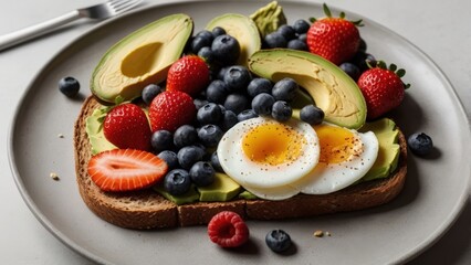 A vibrant breakfast toast topped with avocado slices, a sunny-side-up egg, blueberries, and strawberries, served on a white plate