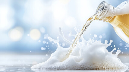 close up of liquid detergent being poured, creating bubbles and splashes