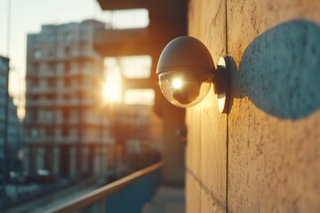 Security camera mounted on a wall during sunset.